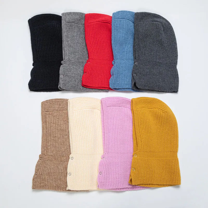 Горячая новинка зимняя теплая однотонная вязаная шерстяная шапка на пуговицах и шарф облегающие шапки комплект с капюшоном для мужчин и женщин
