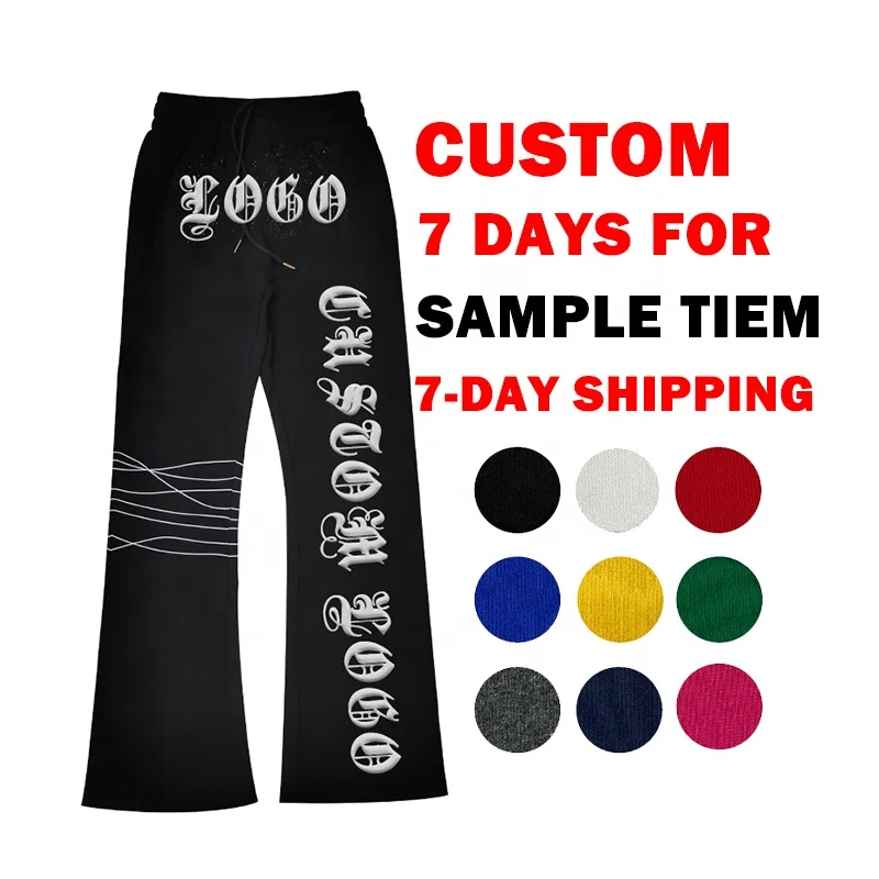 Custom 3D Puff Mens Stack Pants French Terry Baggy Stacked Flare Sweat Pants Men High Quality Casual Stacked Jogger Pants