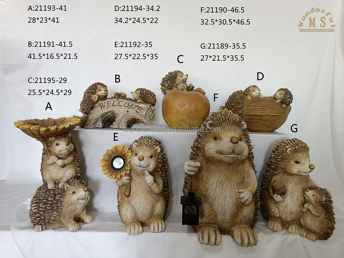 Polistone figurine hedgehog statue resin outdoor animal mother and son sculpture with light for home garden decoration