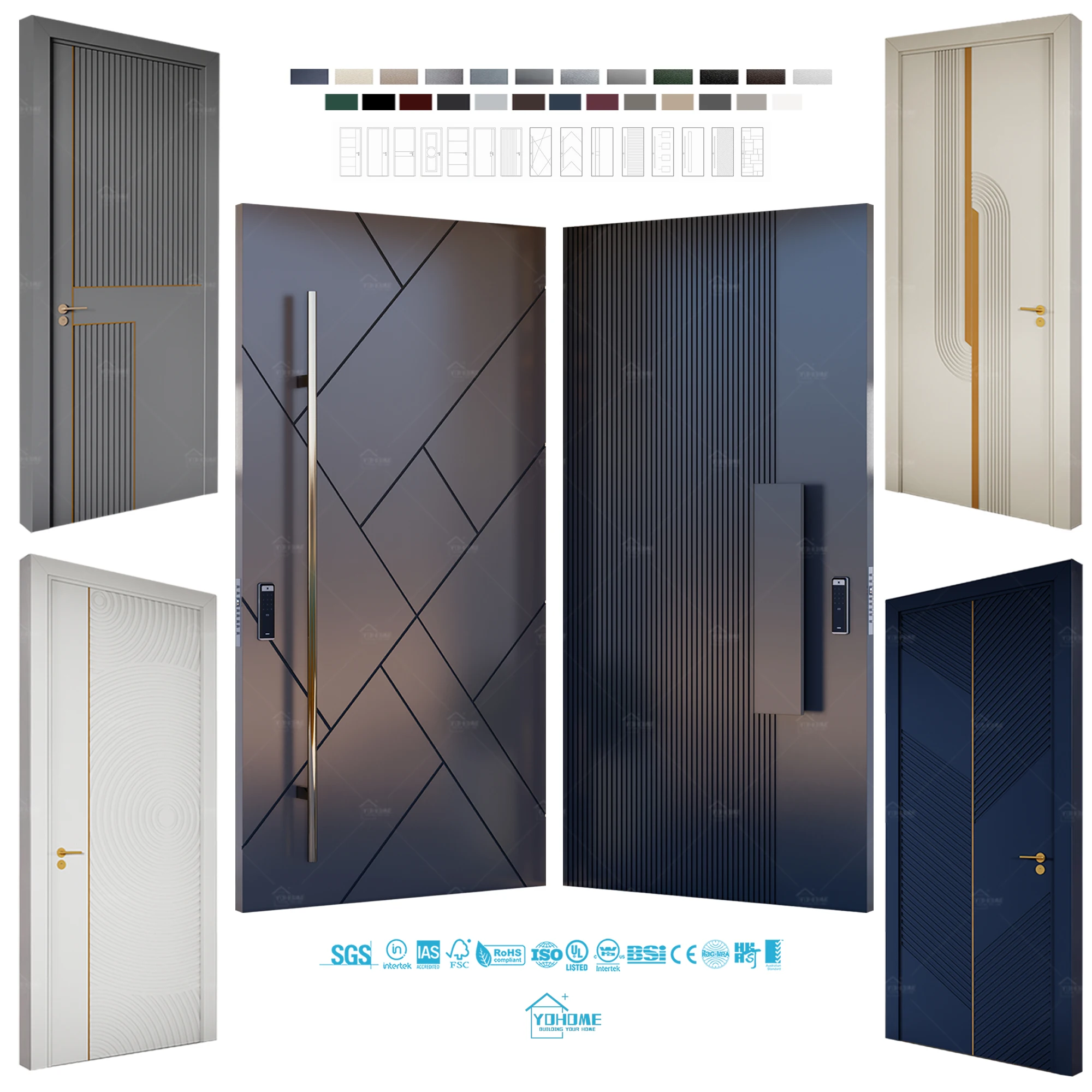 China Yohome Factory Custom Cast Aluminium Security Entry Doors for Houses Entrance Wood Door Modern Pivot Front Exterior Door