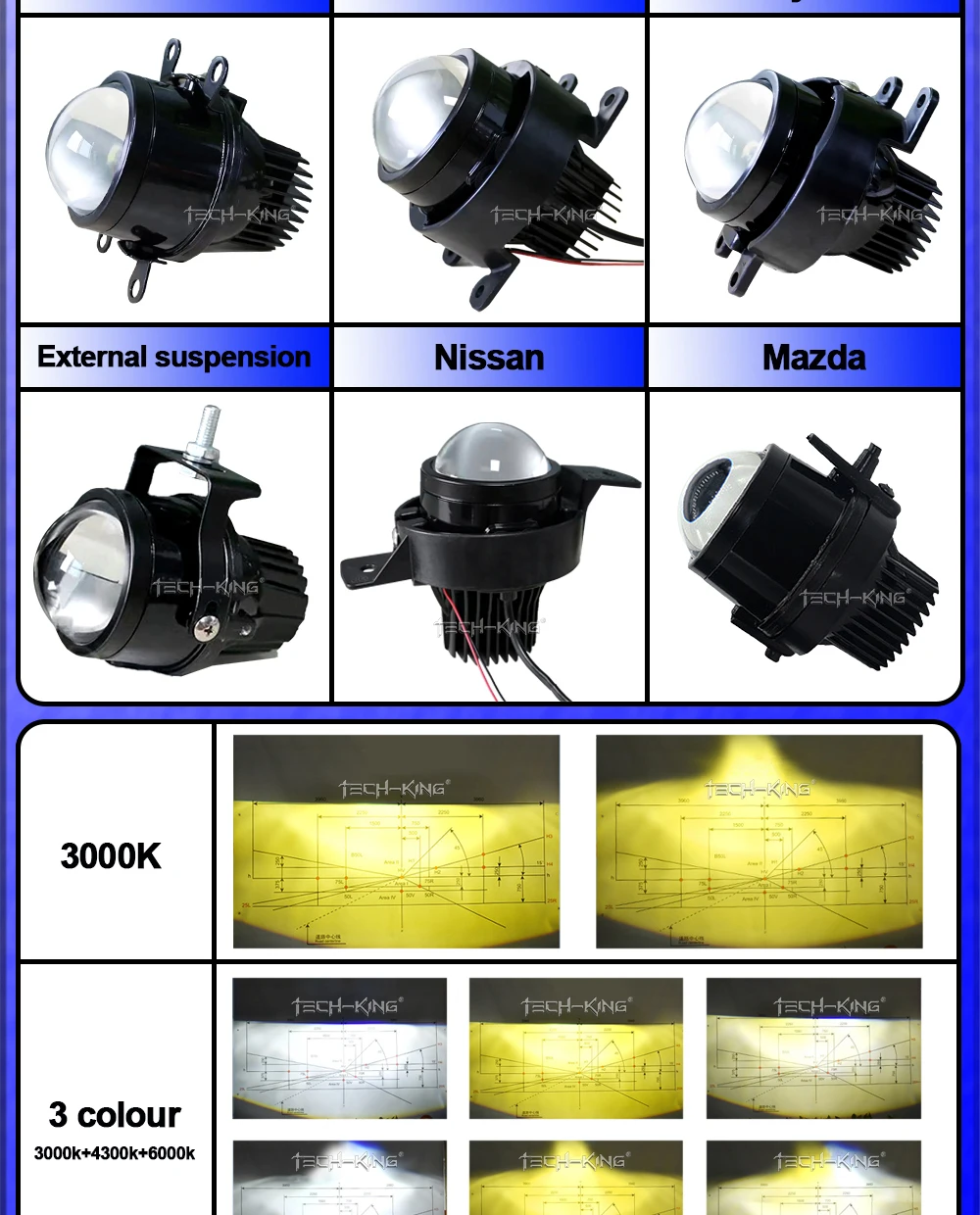 TECH-KING 2.5 inch 6000K 12V 25W Car Auto Lighting System Xenon projector with Bracket Bi LED Projector Lens Fog Light