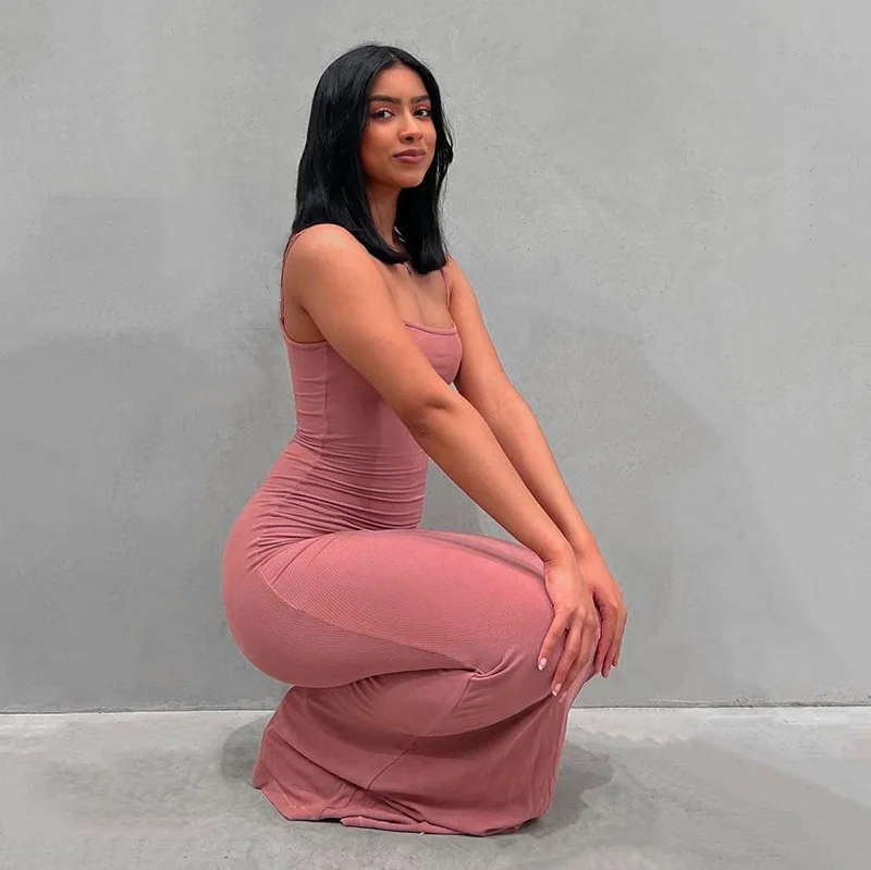2022  Kardashian Same Style Slim Bodycon Dresses Knitted Blank Solid Buttock Sling Lounge Long Elegant Women Casual Dress