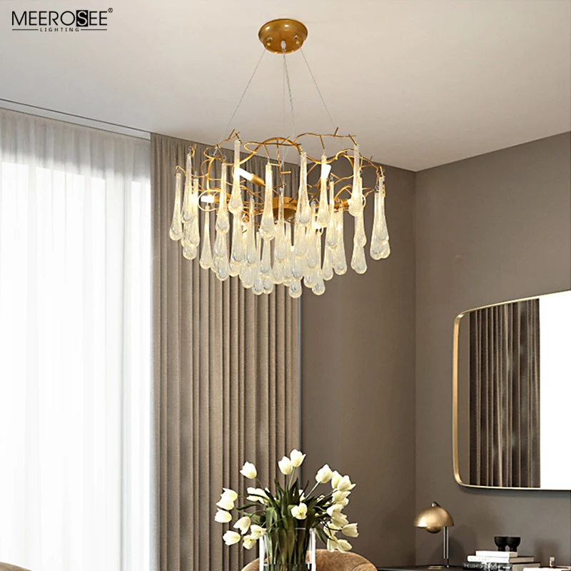 Meerosee Zhongshan Luxury gold pendant light Iron Teardrop Crystal chandelier for Hotel Villa MD86757