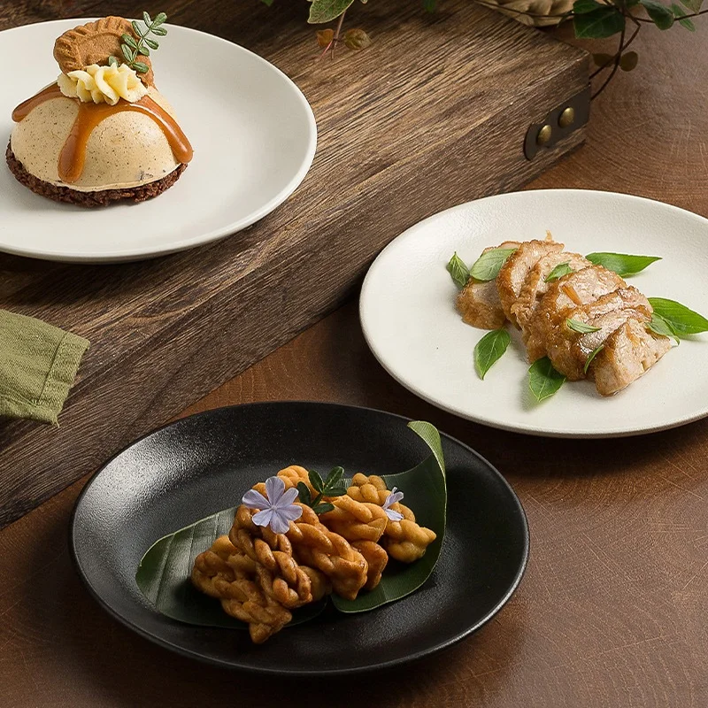 Vajilla para restaurantes, plato de postre para cena, plato redondo de  cerámica para pasta de bistec, platos de comida en blanco y negro para el  hogar