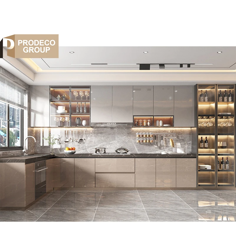 Prodeco Open Concept Kitchen Cabinets Marble Hinge Drawer Basket Laminate Resin Faucet-Modern Design for Commercial Use Project