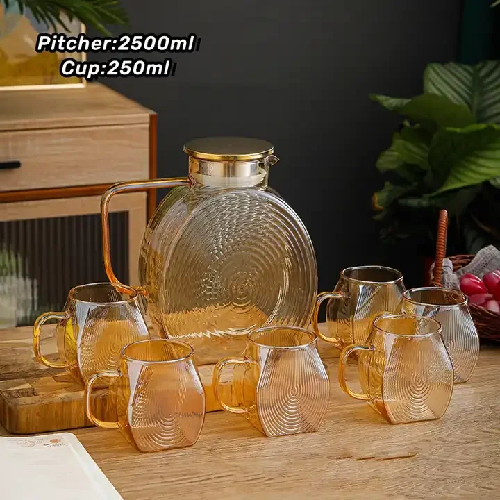 Pitcher Sets Glass Set 6 Pcs Drinking Cup Water White Box Grey Large Capacity Metallic Glass with Metal CLASSIC Glass Jug