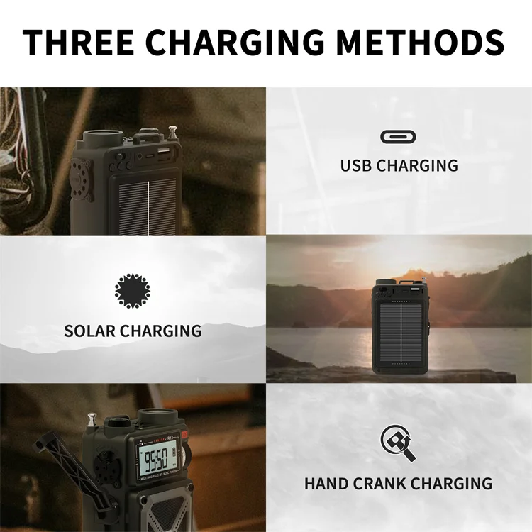 Portable Weather Alert AM/FM/SW/WB Pocket Radio Receiver Solar Power Bank Waterproof 4000mAh Rechargeable Hand Crank Retro Radio