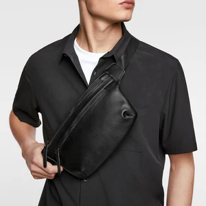 Custom Logo Faux Vegan Leather Mens Flat Crossbody Fanny Pack Zipper Belt Waist Bag for Men