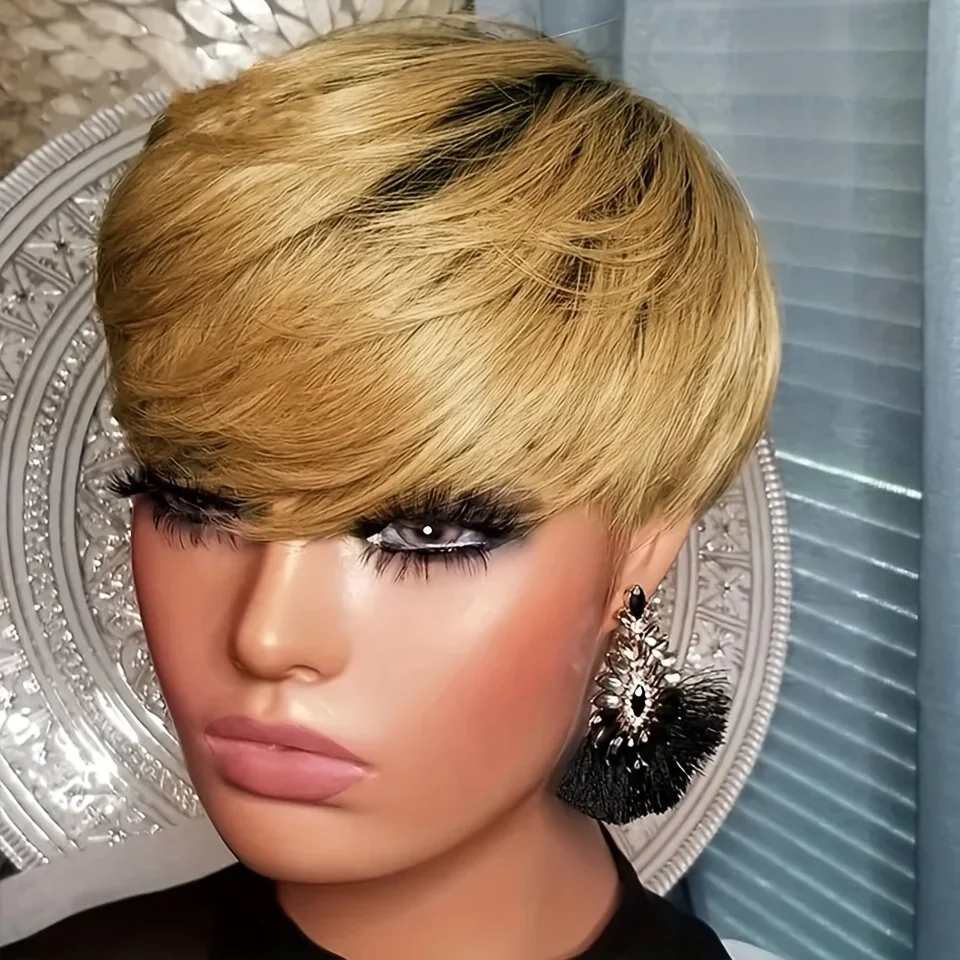 Perruques de cheveux humains courts et raides avec frange Perruques de cheveux courts coupe Pixie pour femmes Perruque entièrement fabriquée à la machine_voghion.com