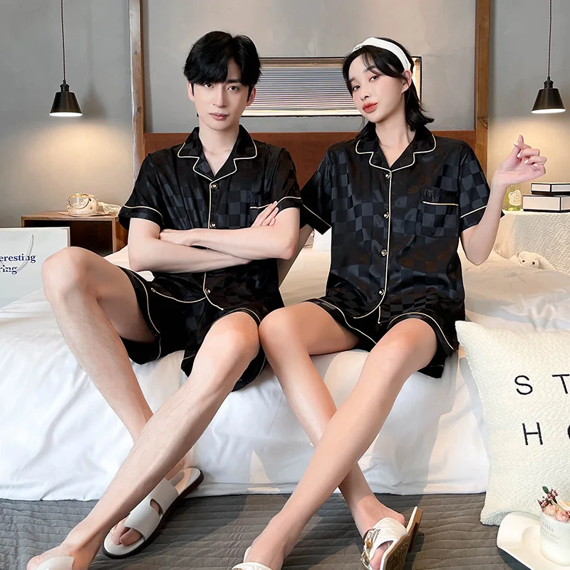 Custom Black Two Piece Jacquard Pyjamas Luxury Striped Couple Satin