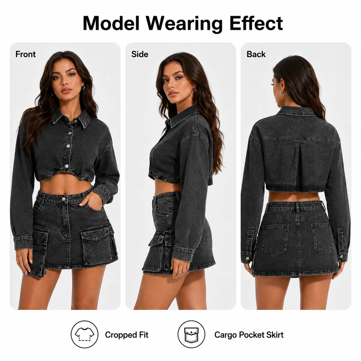 High Quality Women's Denim Jacket Outfits Stretch Cotton Crop Jacket Shorts Solid Knee Long Matching Two Piece Jeans Skirt Set