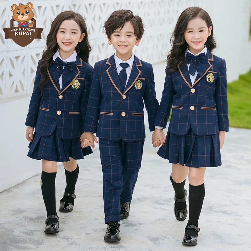 High School Uniforms Patterns for Girls and Boys Dark Blue Plaid School Uniforms Long Sleeve