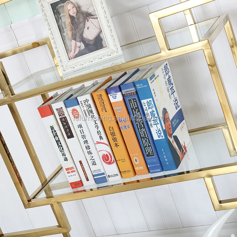 LN-1908 Hot sale cheap price made in Foshan golden metal frame transparent glass creative bookcase for study room office room