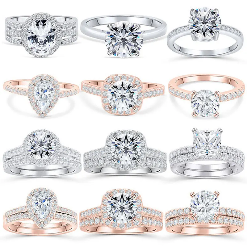 Women's Glass Zircon Gemstone Engagement Wedding Ring Set