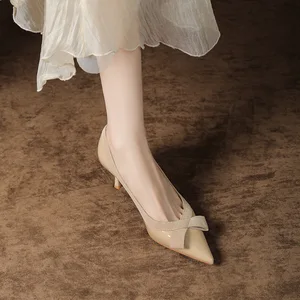French Sheepskin High Heels Women's 3356-19 Shoes Thin Pointed Commuter Bow Autumn Temperament Not Tired Feet Shallow Mouth