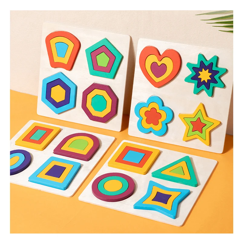 Kids Montessori Wooden Geometric Shape Color Cognition Matching Puzzles Games Early Educational Learning Toy for Children