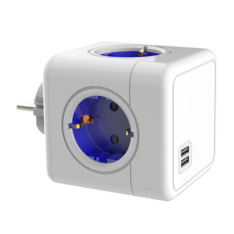 Europe Power Strip Cube Socket with 2X USB Port Germany Outlet Extension Multi Wall Plug Adapter Surge Protect