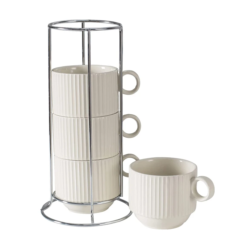 Stackable Coffee Mugs Set Of 4 With Metal Stand 15 Ounce Large Stacking ...