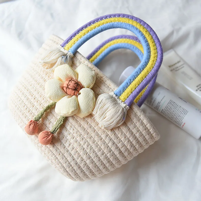 New Rainbow Handle Cotton Rope Woven Bag Versatile Casual Western Style ...