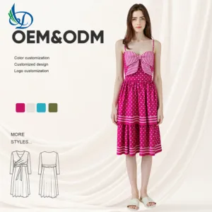 Bohemian Women's Summer Casual Dress with Digital Printed Striped Dress and Polka Dot Printed Bow Decoration Dress