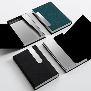 Accept Custom Logo PU Leather With Stainless Steel Name Card Holder Fashion Business Portable Card Case