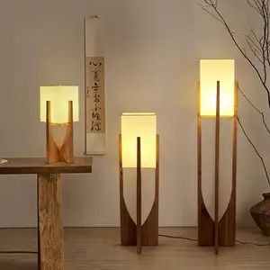 Zeal Lighting Wabi Sabi Fabric Shape Standing Lamps Living Room Retro Wooden Floor Lamp with Shelves