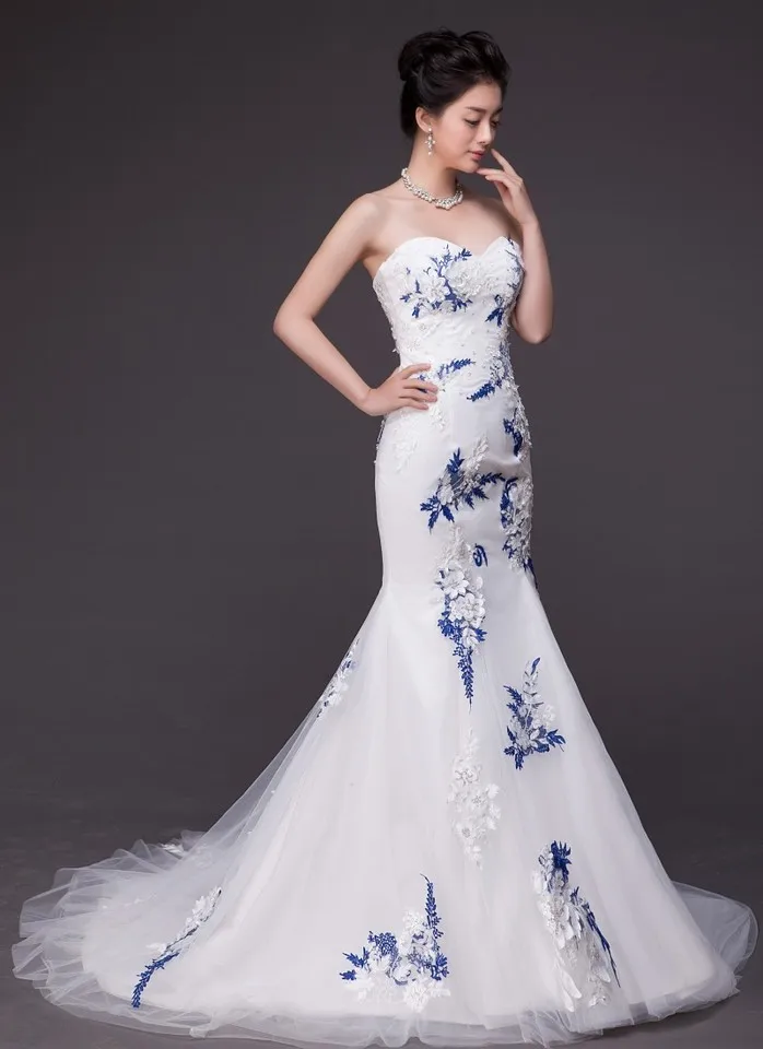 chinese dress ladies Beautiful Tulle Lace Ivory Mermaid Deep V-neck Long Wedding Dresses, MW520