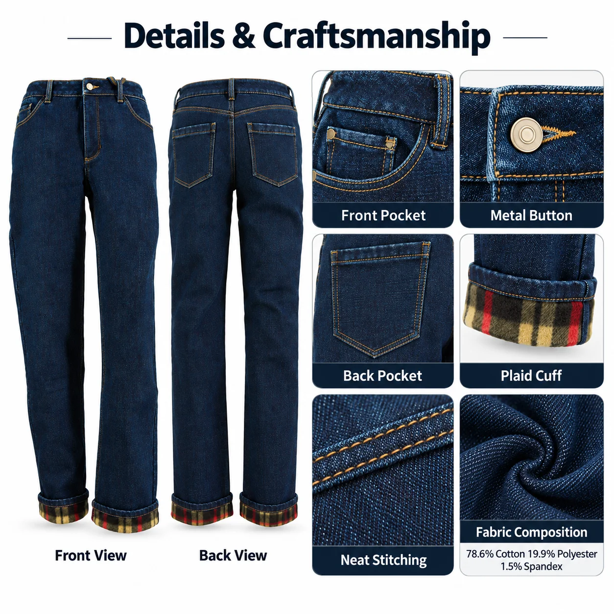 Trend Premium-feel Washed Jeans Denim Mid-rise Medium Trousers Patchwork Red Plaid Detailing Women's Casual Hip Pants