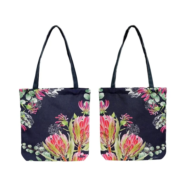 High Quality High-Capacity Dark Blue Floral Portable Polyester Tote Bags in Bulk for Promotions