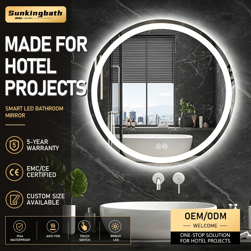 Apartment Dimmable Round Bath Mirror Ip44 Anti-Fog Circle Smart Led Mirror Touch Screen Bathroom Mirror with LED Light