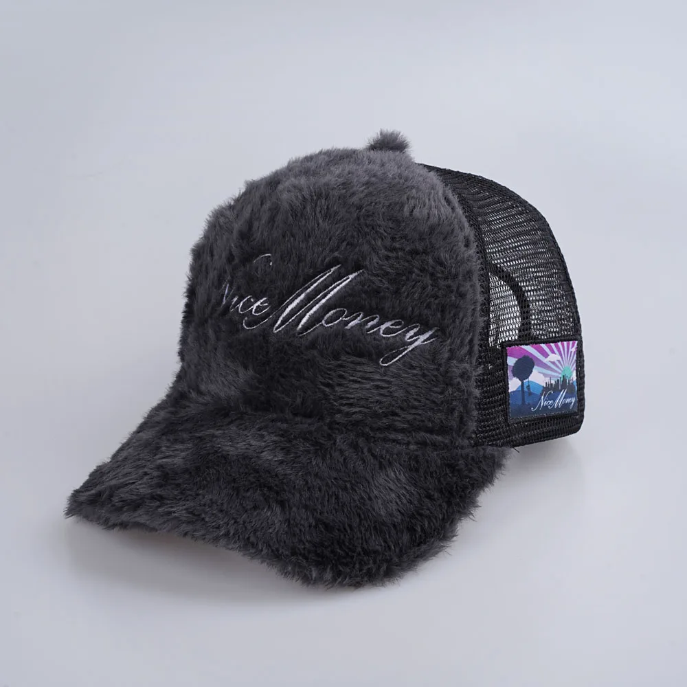 Custom Logo Faux Rabbit Fur Fuzzy 5 Panel Trucker Hat Furry Trucker Hat ...