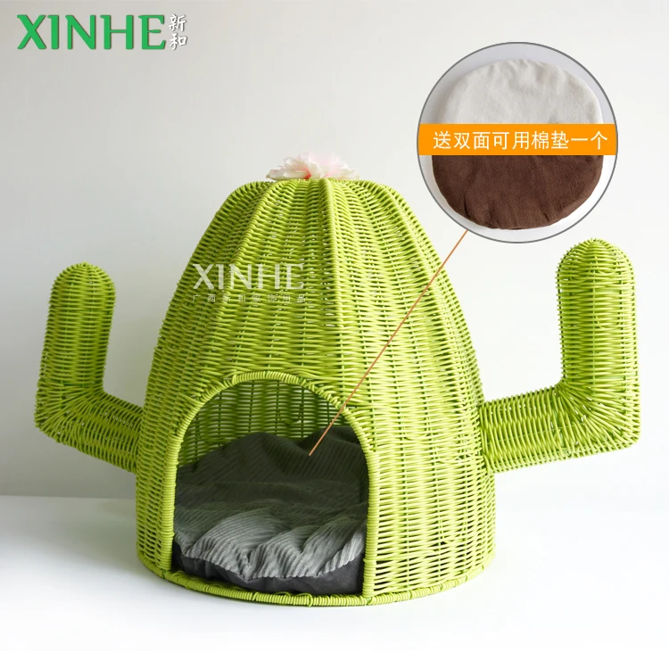 XH Novelty Plastic Rattan Resin Wicker Handmade Woven Dog Furniture Cactus Shape Pet  Basket House Cat Bed