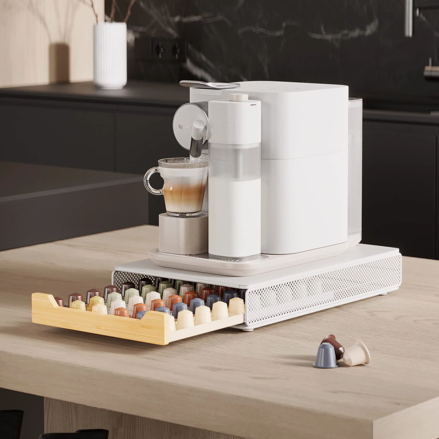 Bamboo Coffee Pod Storage Drawer Holder Compatible with Nespresso 60 Pods Coffee Capsules Drawer