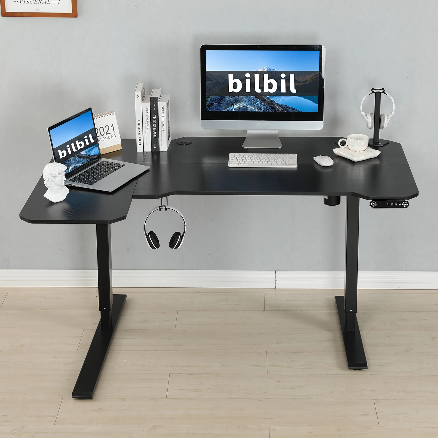 L Shape Desk With Rounded Corner Sit Stand Desk Low Noise Modern Office