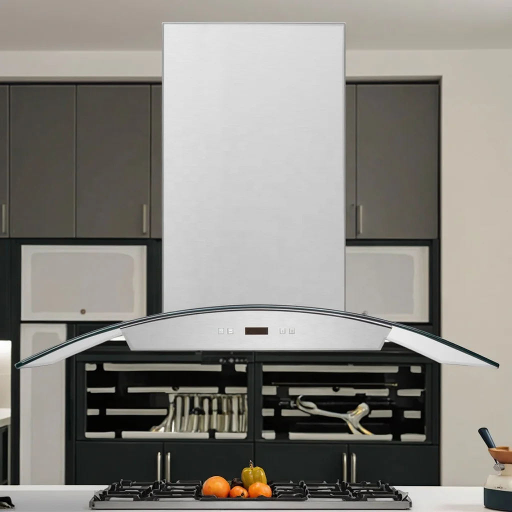 Stainless Steel Curved Glass LED Light Island Range Hood Touchscreen Vented Exhaust Aluminum Chimney for Household Use factory