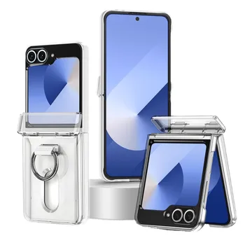 Luxury Designer Brand Transparent PC Phone Case for Samsung Z Flip 5/6 Fashionable with Finger Ring Grip and Card Holder