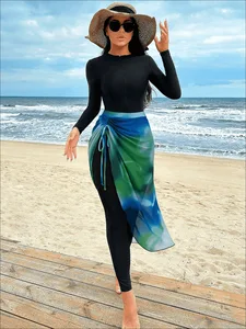 STOCK 7Colors Trendy Women Two Pieces Swimwear Long Sleeve Surf Swimsuit and Sarong Set Modest Muslim Swimwear S-XL