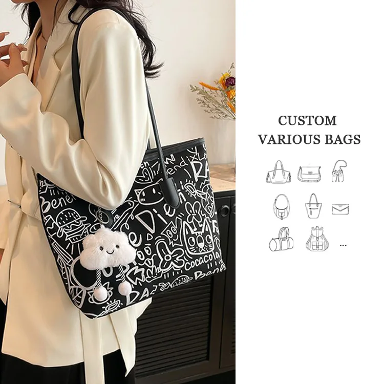 Factory Wholesale Printed Handbag Custom Canvas Tote Bags Large Capacity Tote Bag With Pendant Handbags for College