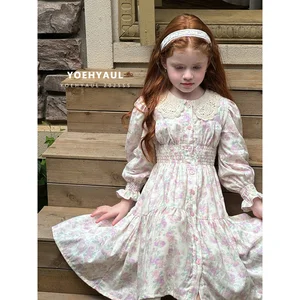 YOEHYAUL 25178 100% Cotton Girls Dress Purple Floral Dress Long Sleeve Elastic Waist Knitted Peter Pan Collar Dress for Toddlers