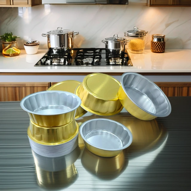 Gold-Coated Heavy Duty Disposable 660ml Aluminum Foil Takeout Pan round Tray with Plastic Sealing Lid