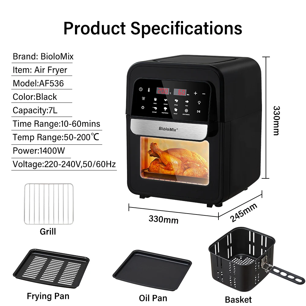 Multifunctional Biolomix New Design 7L Capacity Hot Countertop Tray Air Fryers Cooker Oven Smart With Digital Touch Control