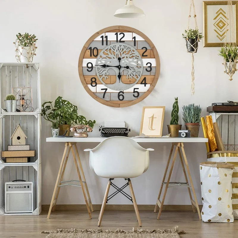 Reloj de pared de madera grande para uso en el hogar, cronógrafo silencioso  de 24 pulgadas, sin tic-tac, estilo rústico para exteriores, decoración