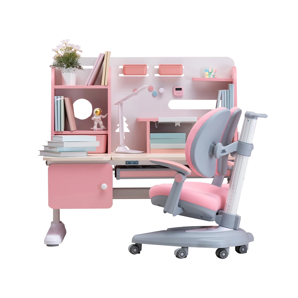 2023 New Height Adjustable Kids Desk Home School Furniture Ergonomic Set Children Study Table and Chair with Bookcase