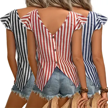 Wholesale Summer High Fashion Casual Cute Striped Print Tank Tops Elegant Flutter Sleeve Backless Button Split Blouse