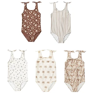 Kids Girl One-Piece Swimwear Cute Baby Girl One-Piece Swimsuit Children's Floral Suspender Swimsuit with Swimming Cap