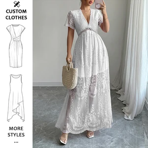 Women Deep V Neck Short Sleeve Floral Lace Dress Long Bridesmaid Maxi Dresses