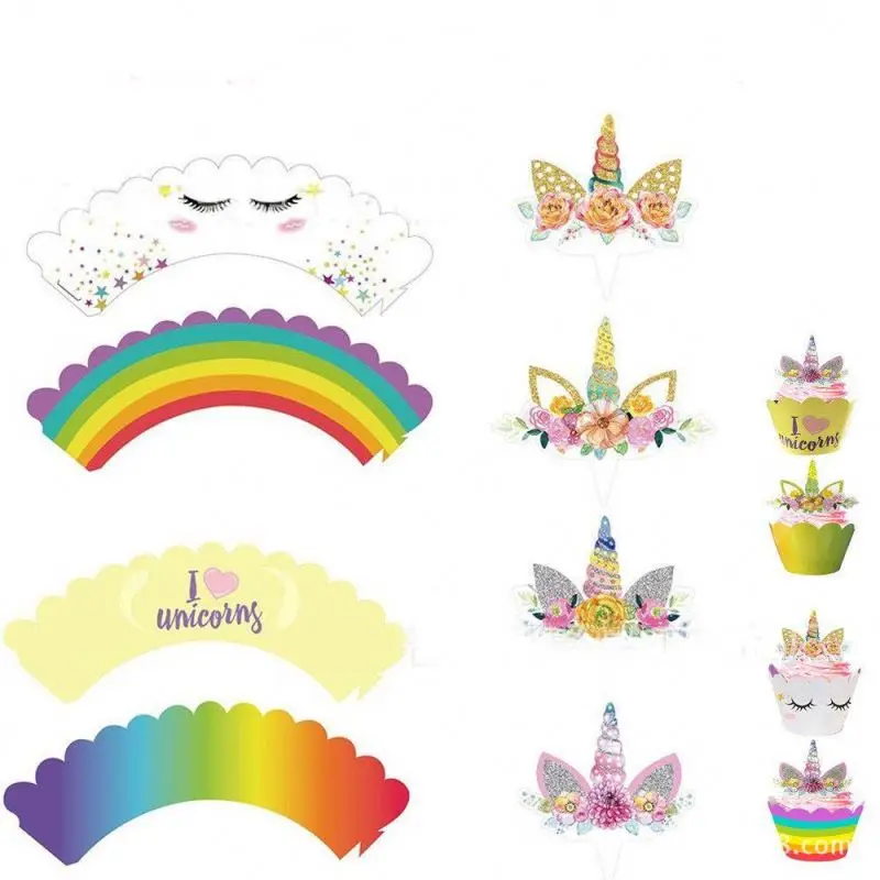 Set of 24 UNICORN Cupcake Toppers and Wrappers for birthday party supplies 