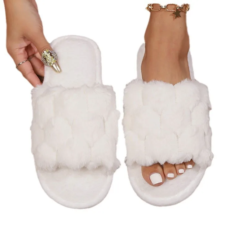 Women's Winter Fashion Indoor for Slippers Simple Home Fluffy Plush Closed Toe Anti-Slip White Soft Bottom Indoor House Slippers