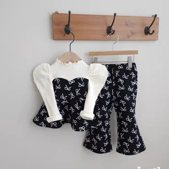 New Bow Set for Girls Korean Children's Clothing 2025 Autumn Children Girls' Baby Shirts and Flared Pants Two-piece Set