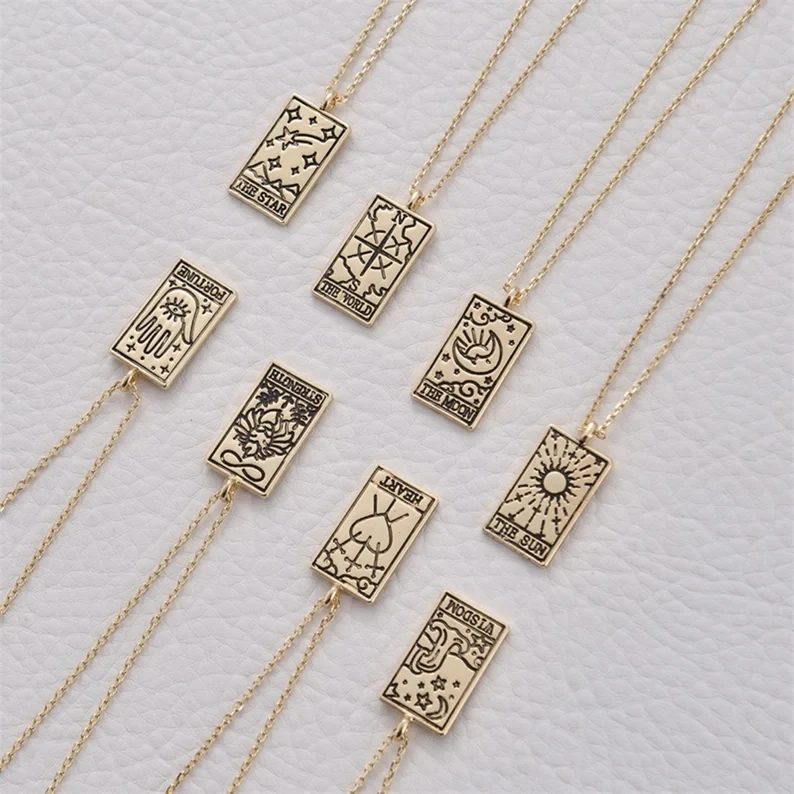 Gold and Silver Rectangle Zodiac Sign Retro Tarot Card Fortune Star Moon  Strength Pendant Necklace Mystic Celestial Jewelry